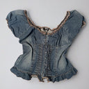 Vintage Y2K Morgan De Toi 2000S Denim Corset Blouse With Puff Sleeves And Lace-Up Back Blue - Size Missing
