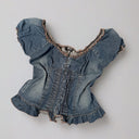 Vintage Y2K Morgan De Toi 2000S Denim Corset Blouse With Puff Sleeves And Lace-Up Back Blue - Size Missing
