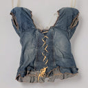 Vintage Y2K Morgan De Toi 2000S Denim Corset Blouse With Puff Sleeves And Lace-Up Back Blue - Size Missing